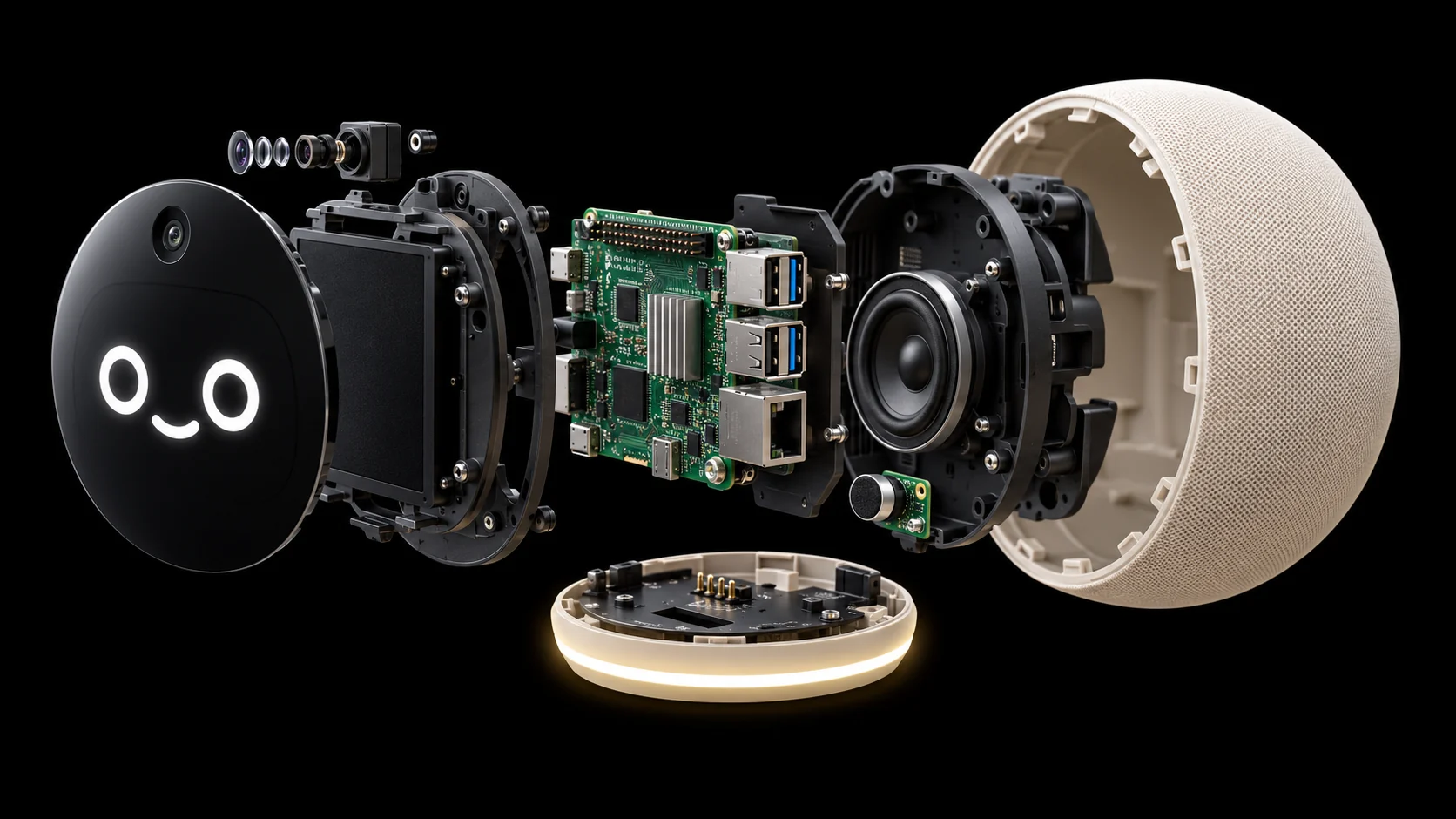 Detailed conceptual exploded rendering of Margo’s woven shell, display, camera, circuit board, speaker and base